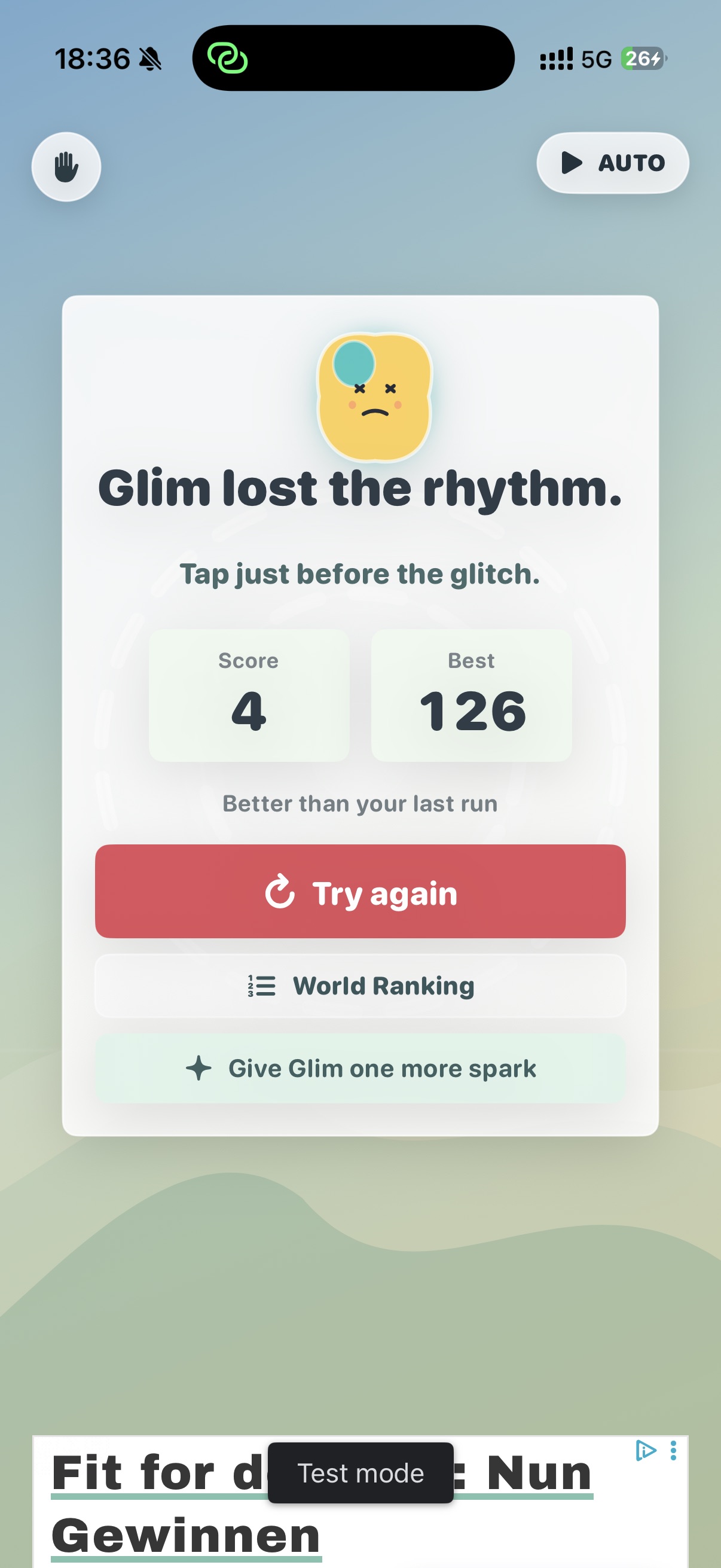Pulse Loop Game Over Bildschirm mit Score und World Ranking